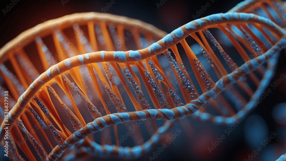 Poster A detailed macro shot of a DNA strand in vibrant color and intricate detail. The image highlights the helix structure. 