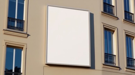 A blank white square billboard mounted on the exterior wall of a beige building between windows with black railings.