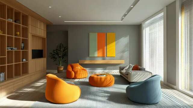 Sunlit modern living room with vibrant beanbag chairs and artwork