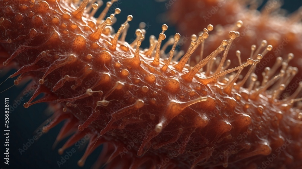 Poster A microscopic view of a virus cell showing its intricate structures and textures. The detailed image reveals the complexity of its surface and biological design