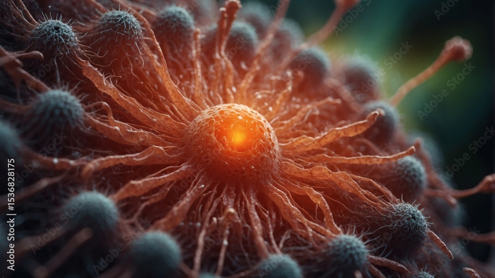 Aufkleber a mesmerizing view of a microscopic virus with intricate details, a core with a bright and glowing energy