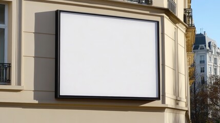 A large blank billboard is mounted on the corner of a beige building in an urban area with clear skies.