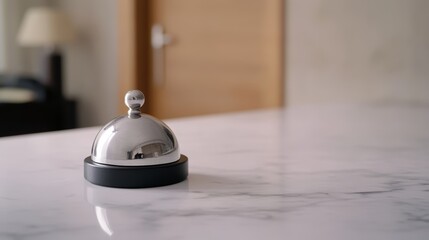 A shiny silver service bell on a marble countertop with a blurred background featuring a door and furniture.