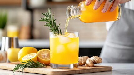 Bright orange juice is poured into a glass with ice and rosemary, surrounded by fresh lemons and ginger on a wooden board.