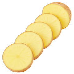 Five slices of yellow potato isolated on transparent background