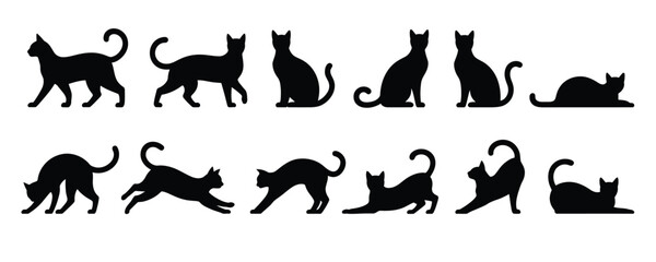 black cat silhouettes set in various dynamic poses including walking, sitting, stretching and playing for design and illustration use