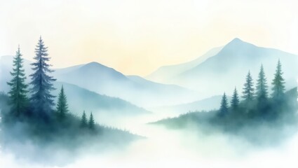 Obraz premium A serene landscape painting depicts a misty mountain scene with pine trees and a calming atmosphere. The artwork evokes a sense of tranquility and natural beauty