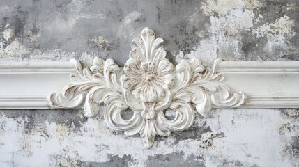 Ornate white plaster molding on a textured gray wall.