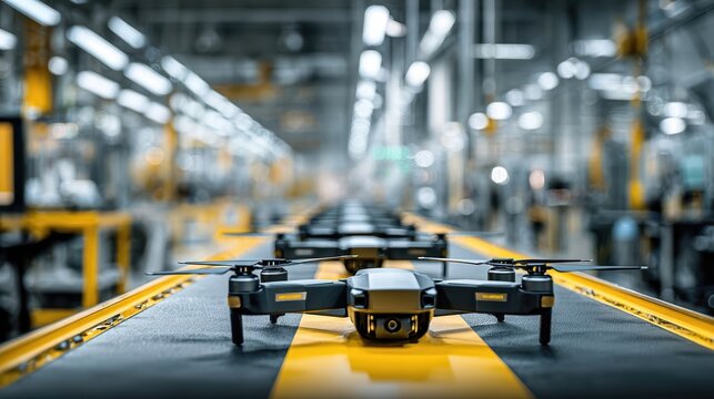 Modern camera drones move down a long assembly line in a factory.