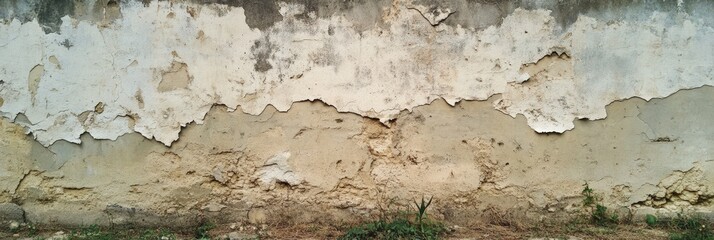 A weathered, peeling plaster wall revealing rough textures and cracks, with patches of dirt and small grass growing at the base.