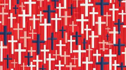 Fototapeta premium Pattern with Blue and White Crosses on Vibrant Red Textured Background