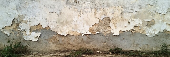 A weathered wall with peeling paint reveals multiple layers, showing signs of age and decay above a narrow strip of soil with sparse grass.