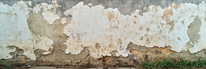 A weathered, peeling wall with exposed patches of plaster and stone, showing signs of age and natural decay near the ground with some grass growing.