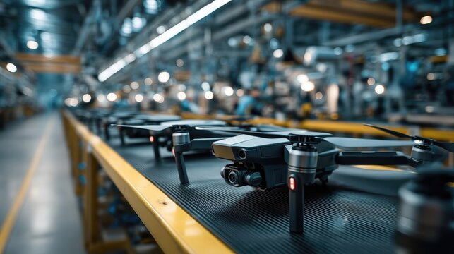 A line of finished drones is ready for packaging on a factory conveyor.
