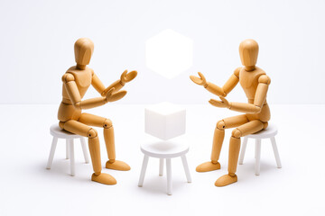 Two wooden mannequins engaging conversation with expressive gestures, sitting small white stools minimalistic setting, creating scene of brainstorming and communication, conveying sense