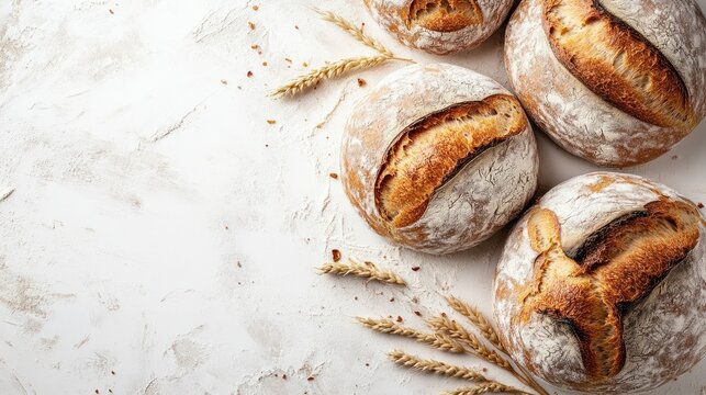 Assorted rustic artisan sourdough bread loaves with crusty golden-brown exterior and soft interior on a textured light background for bakery, bread, and food photography