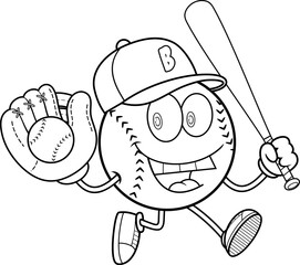 Baseball Cartoon Mascot Character Running With Bat And Glove Holding Ball