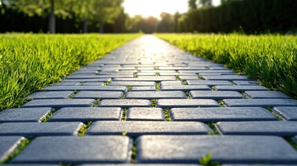 A close-up view of a paved stone walkway surrounded by green grass, with sunlight shining in the background.