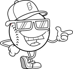 Black And White Baseball Cartoon Character Wearing Sunglasses And Pointing