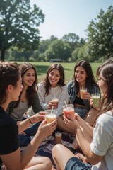 Obraz premium A group of young women enjoying smoothies together on a picnic blanket in a sunny outdoor setting