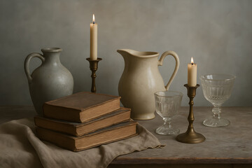 Still life with vintage books, candles and glassware on linen surface