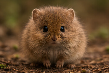 Cute brown rodent sitting on forest ground close-up

