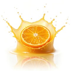 Refreshing orange juice splash with sliced orange and white background