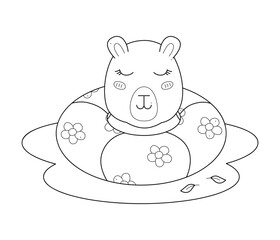 Cute capybara with a swimming ring in the water. Outline clip art for your projects.