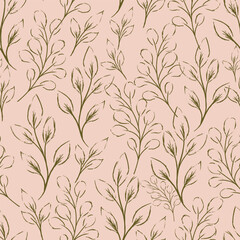 Rough Sketched Leaves Branches Vector Seamless Pattern
