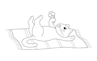 A cute cat with ice cream in its paw lies on a beach towel. Outline clip art for your projects.