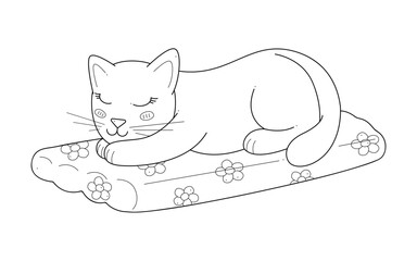 Cute cat sleeping on a floating mattress. Outline clip art for your projects.