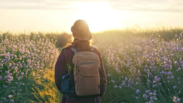 Backpacker Walking Through Flower Field at Sunset