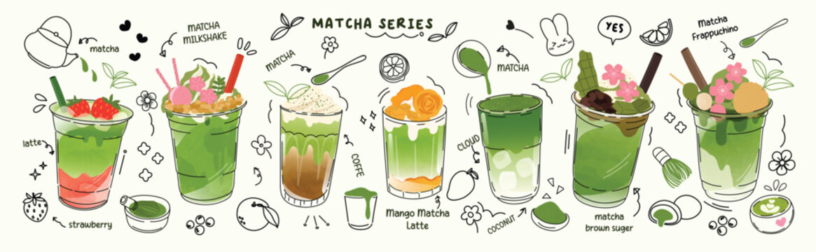Green tea matcha drinks element design with cute doodle decoration. Set of healthy beverage, matcha latte, bamboo whisk. Vector illustration for logo, promotion, marketing, poster, package, ads. 