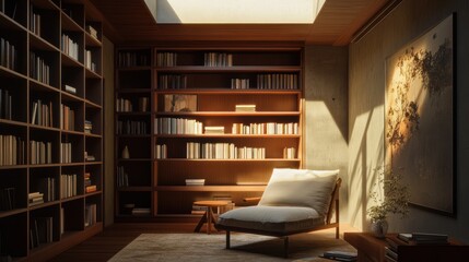 A sunlit library nook.  Wooden bookshelves line the walls, filled with books. A light beige chaise lounge sits in the center, bathed in sunlight.  A skylight illuminates the room.  