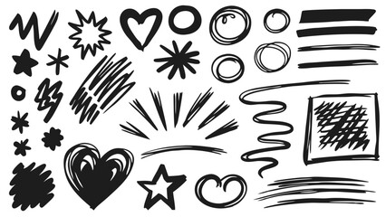 Collection of hand drawn doodle elements including hearts stars circles lines and abstract shapes design 100