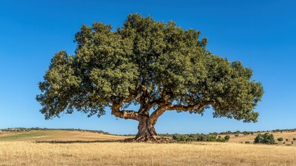 Majestic oak tree stands tall in a golden field.