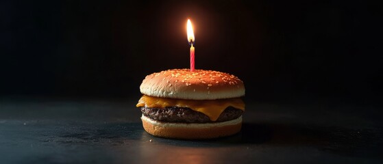 Cheeseburger with lit birthday candle on top against dark background