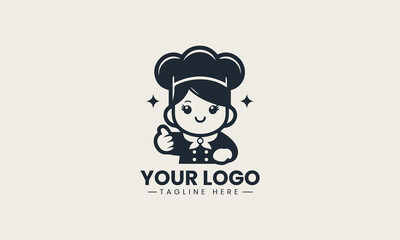 Adorable cartoon female chef wearing big white hat giving thumbs up with happy smile vector logo illustration design