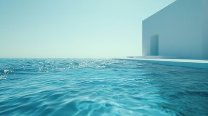 Tranquil azure water laps a white architectural structure.