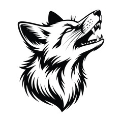 black and white stylized wolf head illustration with open mouth, detailed fur and fierce expression, perfect for tattoo or logo design