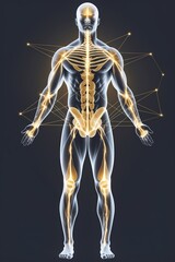 A human full-body silhouette with a transparent overlay of fascia lines and planes shown as fine glowing strands connecting muscle groups