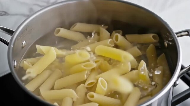 cooking pot with pasta. Boil processed pasta