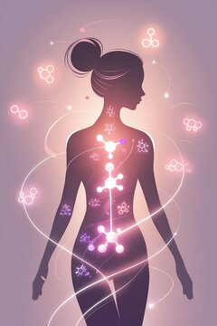 A graceful abstract illustration of a female silhouette surrounded by softly glowing molecular icons (representing hormones like estrogen progesterone) with flowing light trails connecting the symbols