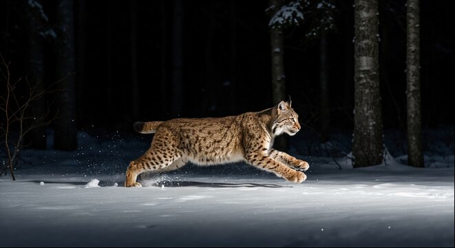 A magnificent, powerful lynx leaps through a snowy forest at night. - Powered by Adobe