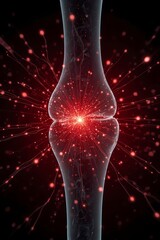 A conceptual visualization of bone marrow stem cell regeneration: glowing red bone cross-section with dynamic light particles flowing outward representing new cell formation