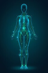 A full-body female silhouette with gently glowing lymphatic pathways highlighted in soft green and blue gradients