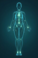 A full-body female silhouette with gently glowing lymphatic pathways highlighted in soft green and blue gradients