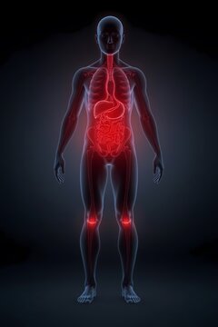 A full-body human silhouette with a subtle glowing red aura around internal organs and joints representing systemic low-grade inflammation