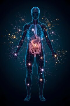A full-body human silhouette with glowing abstract neural connections linking the brain to the gut area overlaid with soft organic particle swirls representing the gut microbiota