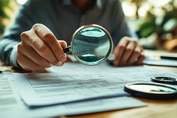 Obraz na płótnie Canvas Business Auditor Examines Paperwork with Magnifying Glass for Fraud During Corporate Tax Audit